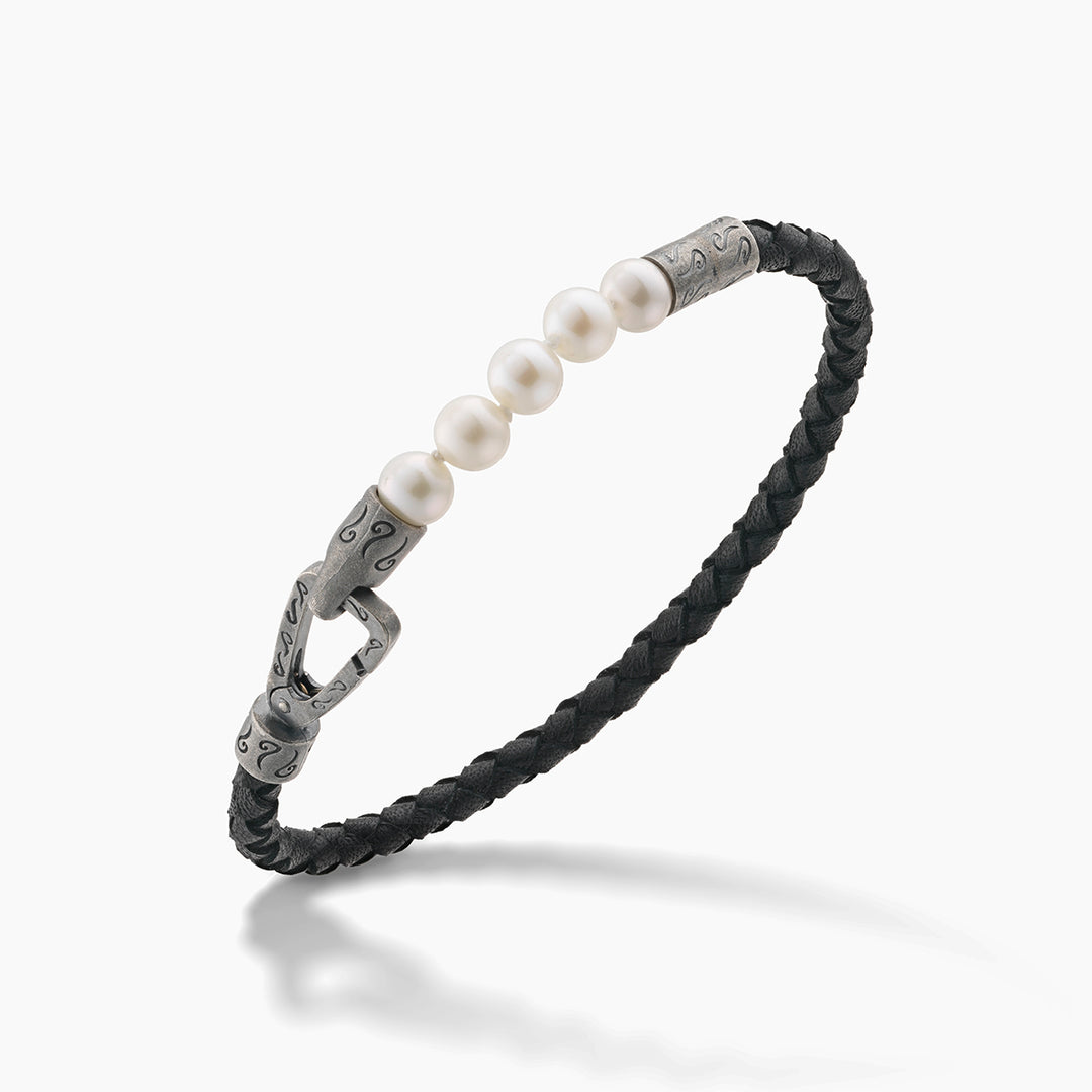 LASH 6 mm Beaded Bracelet, Silver, Pearls, Black Leather-Standard View