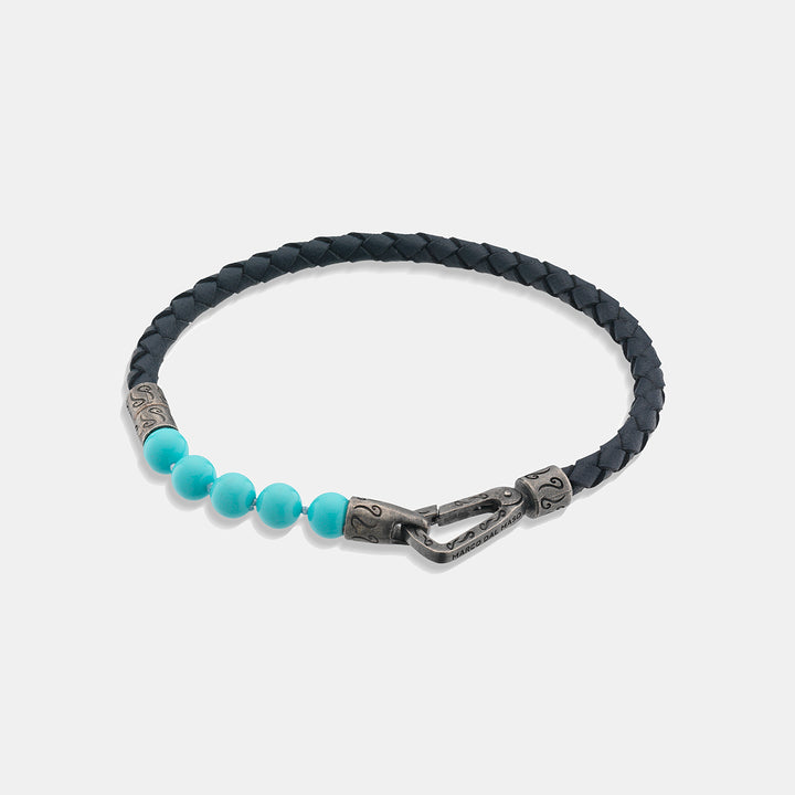 LASH 6 mm Beaded Bracelet, Silver, Turquoise, Blue Leather-Straight View