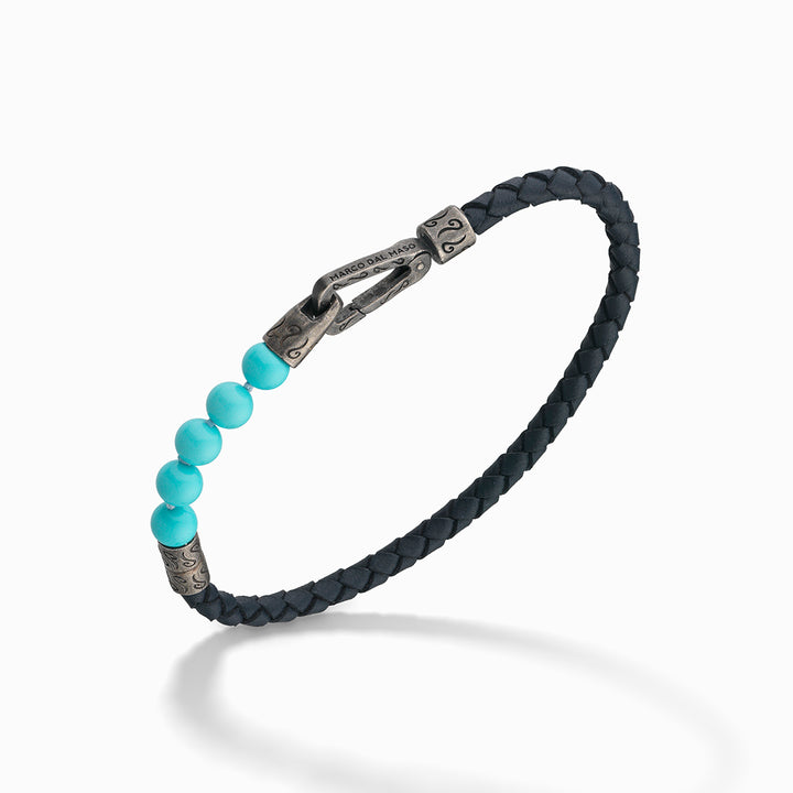 LASH 6 mm Beaded Bracelet, Silver, Turquoise, Blue Leather-Standard View