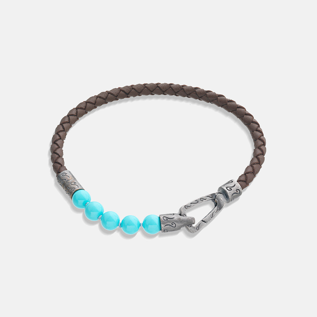 LASH 6 mm Beaded Bracelet, Silver, Turquoise, Brown Leather-Standard View