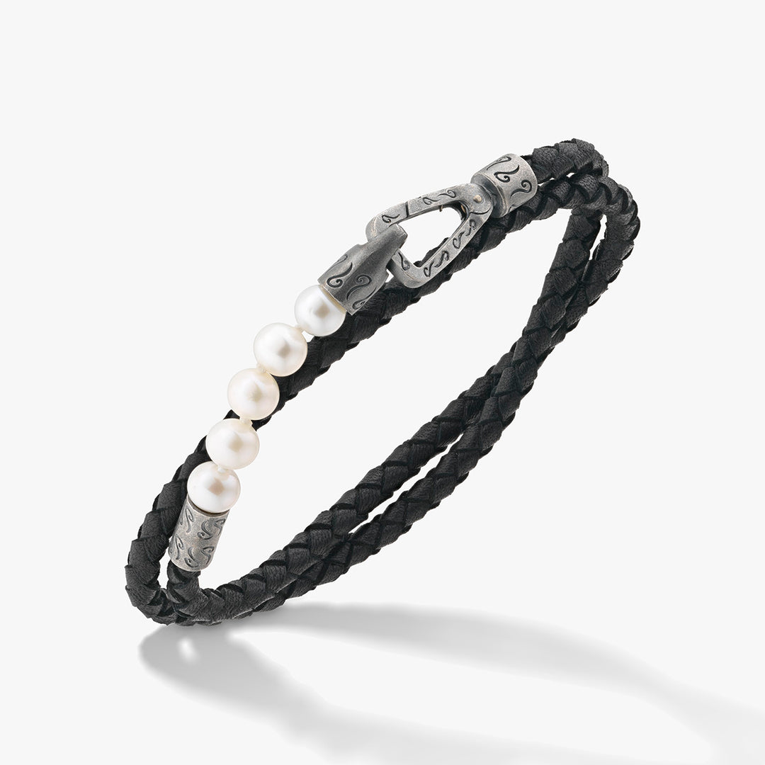 LASH 6 mm Beaded Double Bracelet, Silver, Pearls, Black Leather-Standard View 