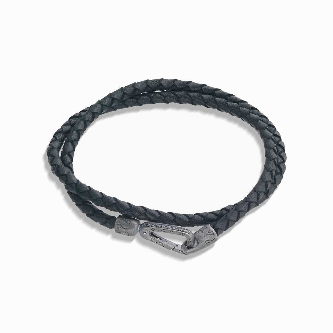 LASH Gemstone Double Wrap Bracelet, Black Diamonds, Black Leather-Straight View