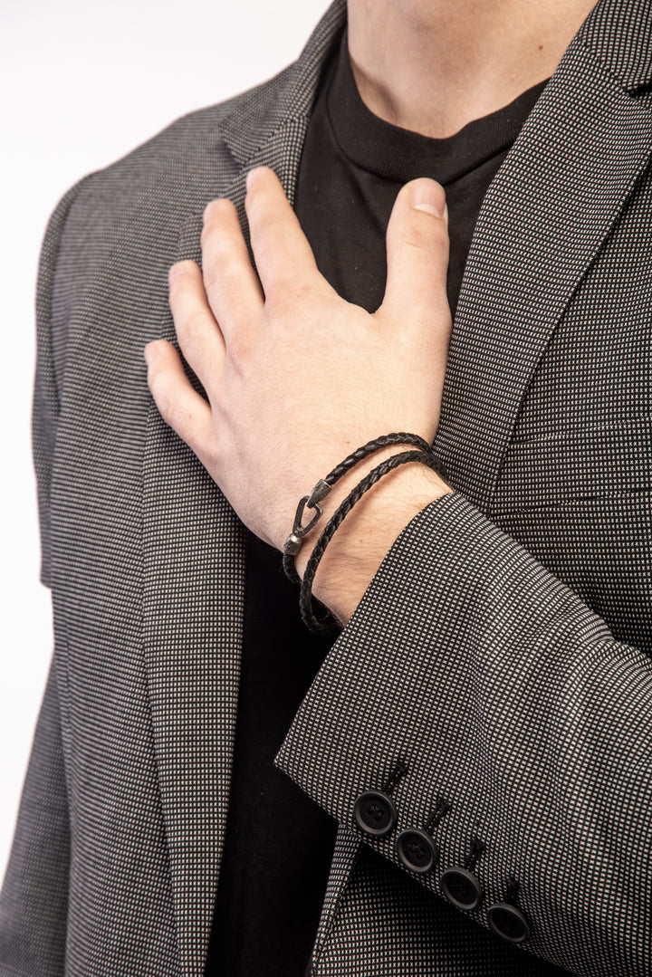 Lash Double Wrap braided Bracelet, Oxidized Silver, Black Leather-Model View