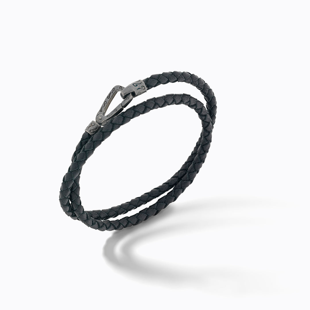 Lash Double Wrap braided Bracelet, Oxidized Silver, Black Leather-Standard View