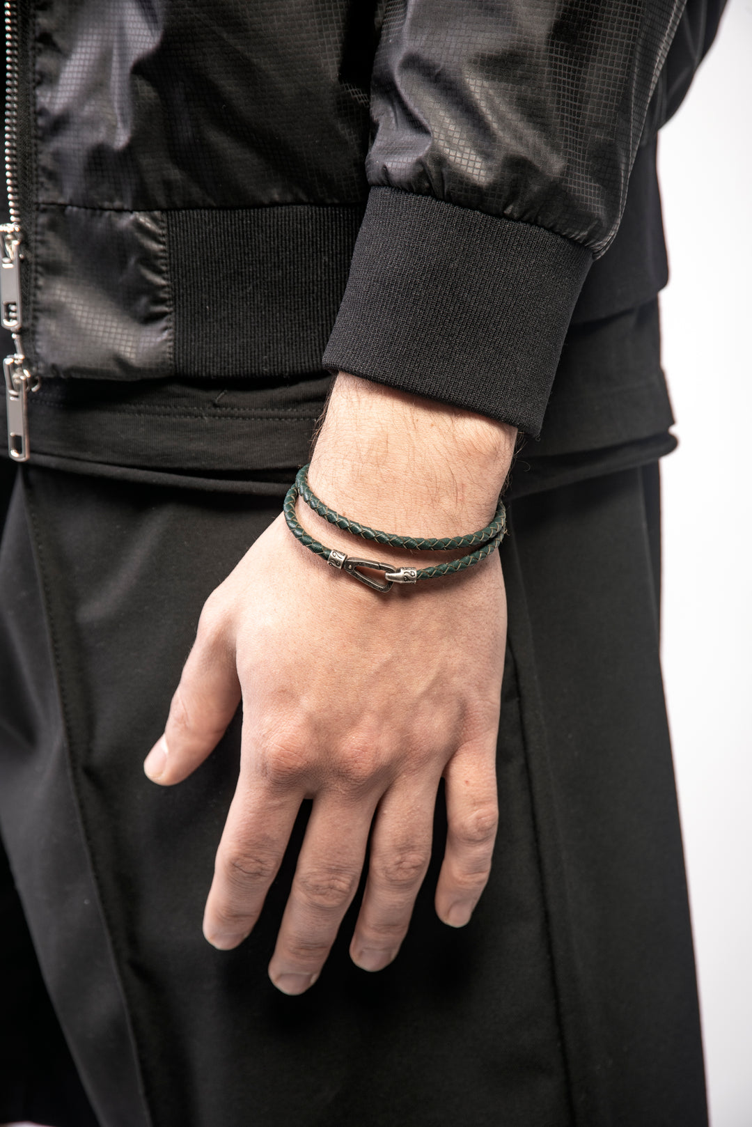 Lash Double Wrap braided Bracelet, Oxidized Silver, Green Leather-Model View