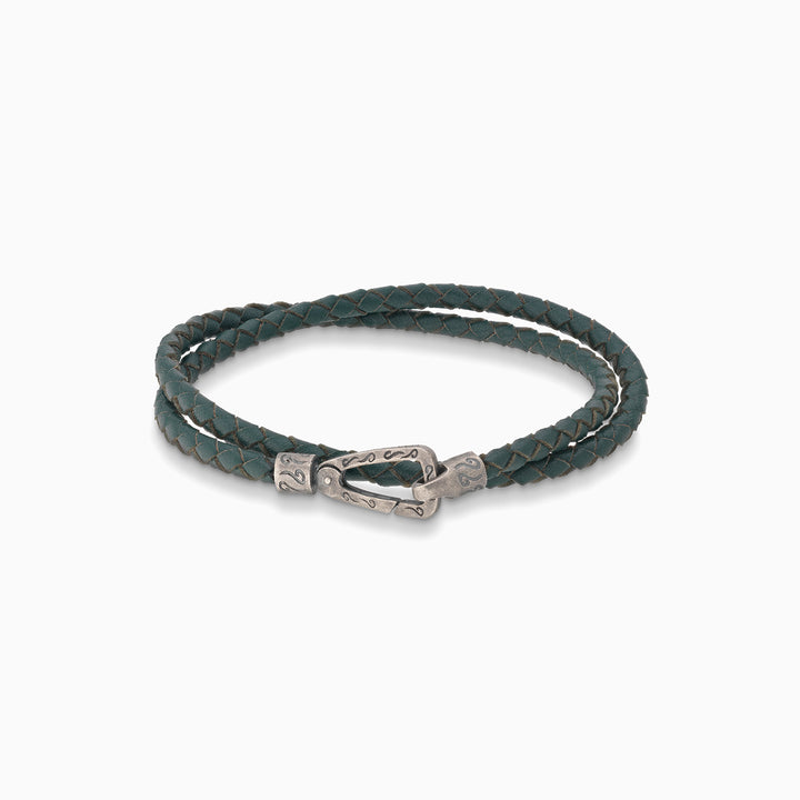 Lash Double Wrap braided Bracelet, Oxidized Silver, Green Leather-Straight View