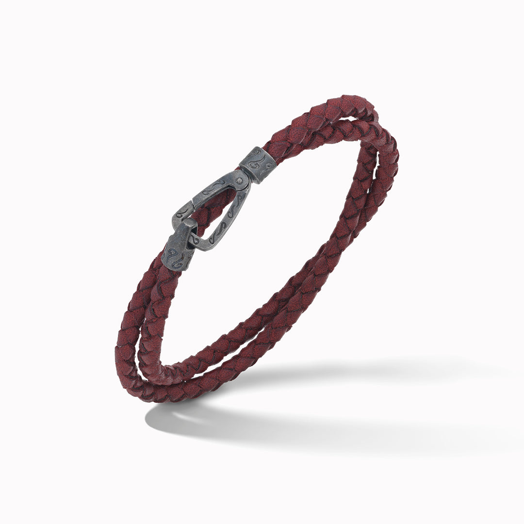 Lash Double Wrap braided Bracelet, Oxidized Silver, Red Leather-Standard View