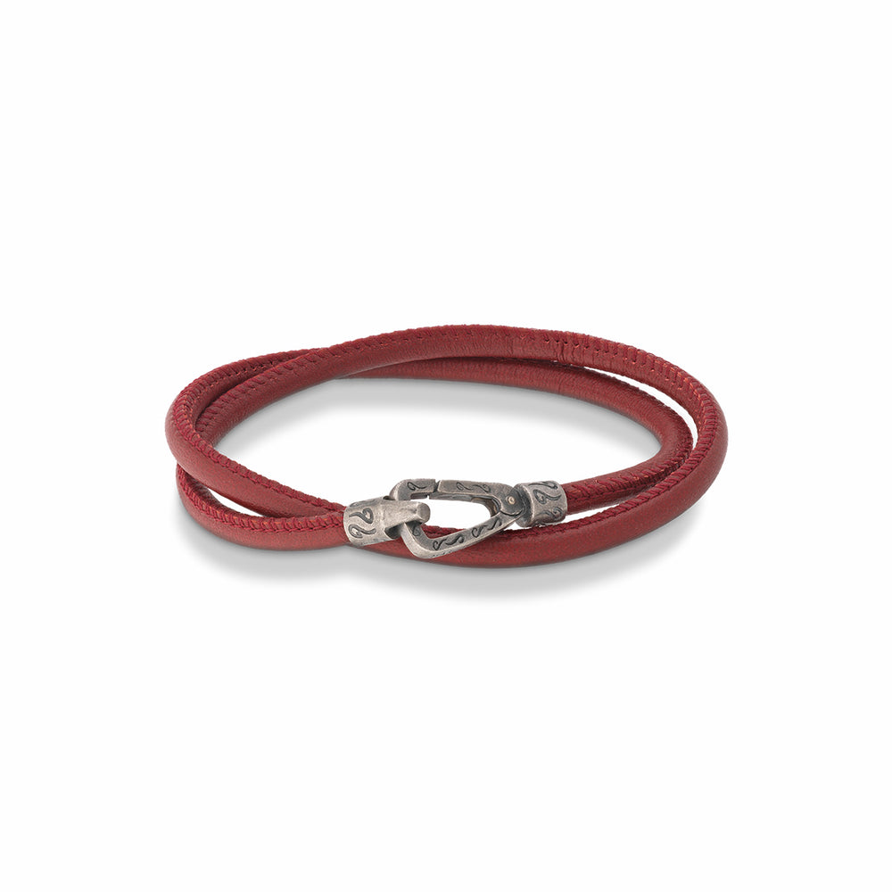 LASH Double Wrap Bracelet, Oxidized Silver, Red Leather-Straight View