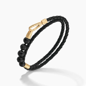 LASH 8 mm Beaded Diamond Double Bracelet, Yellow Gold Vermeil, Black Diamonds, Onyx, Black Leather-Standard View
