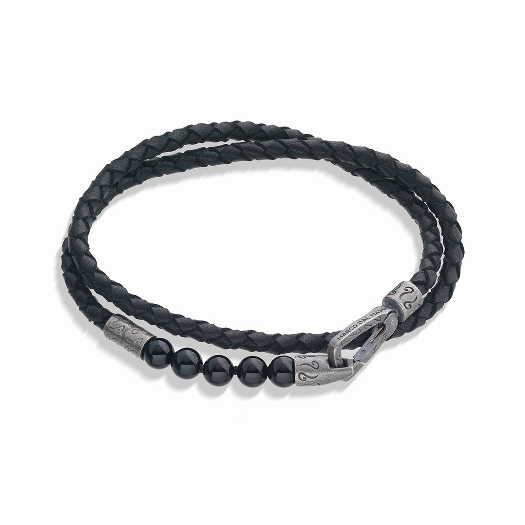 LASH 6 mm Beaded Double Bracelet, Silver, Onyx, Black Leather-Straight View 