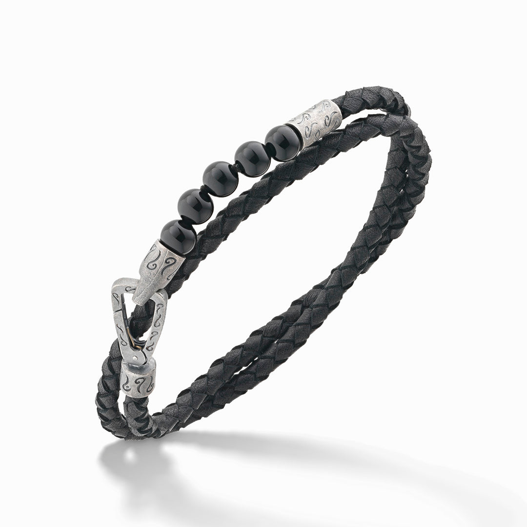 LASH 6 mm Beaded Double Bracelet, Silver, Onyx, Black Leather-Standard View 