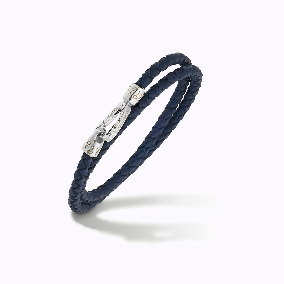 Lash Double Wrap braided Bracelet, Polished Silver, Blue Leather-Standard View