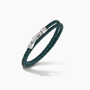 Lash Double Wrap braided Bracelet, Polished Silver, Green Leather-Standard View