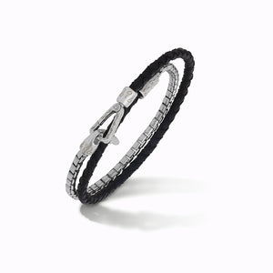 LASH Box Chain & Braided Leather Bracelet, Polished Silver, Black Leather-Standard View
