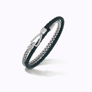 LASH Box Chain & Braided Leather Bracelet, Polished Silver, Green Leather-Standard View