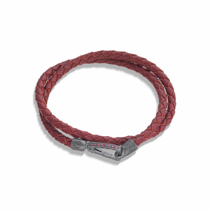 LASH Gemstone Double Wrap Bracelet, Red Sapphires, Red Leather-Straight VIew