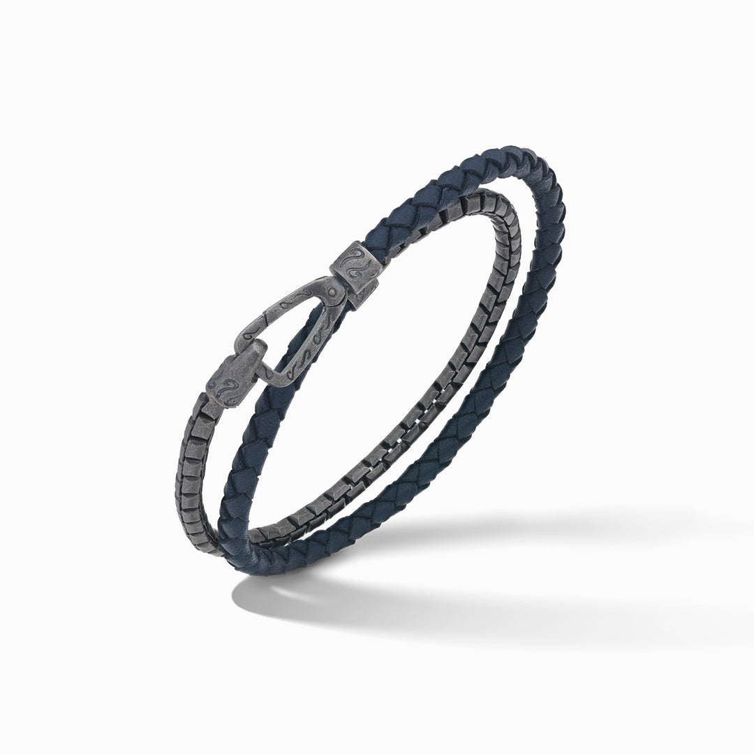 LASH Box Chain & Braided Leather Bracelet, Oxidized Silver, Blue Leather-Standard View