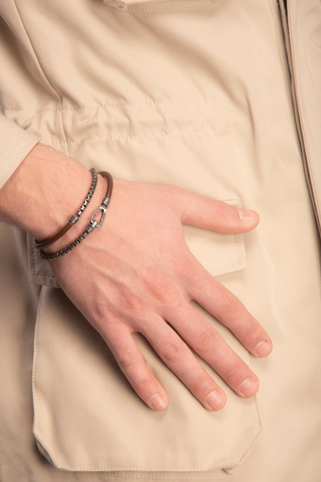 LASH Box Chain & Leather Bracelet, Oxidized Silver, Brown Leather-Model View