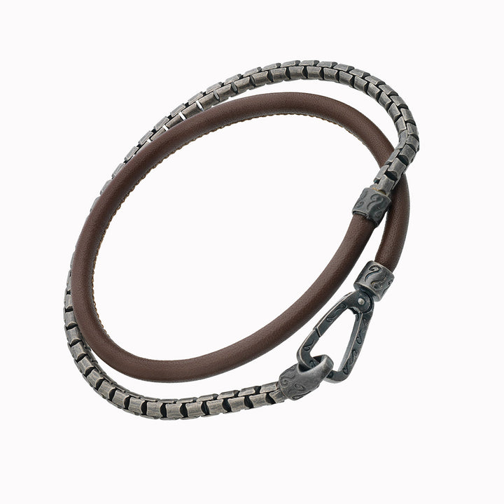 LASH Box Chain & Leather Bracelet, Oxidized Silver, Brown Leather-Standard View