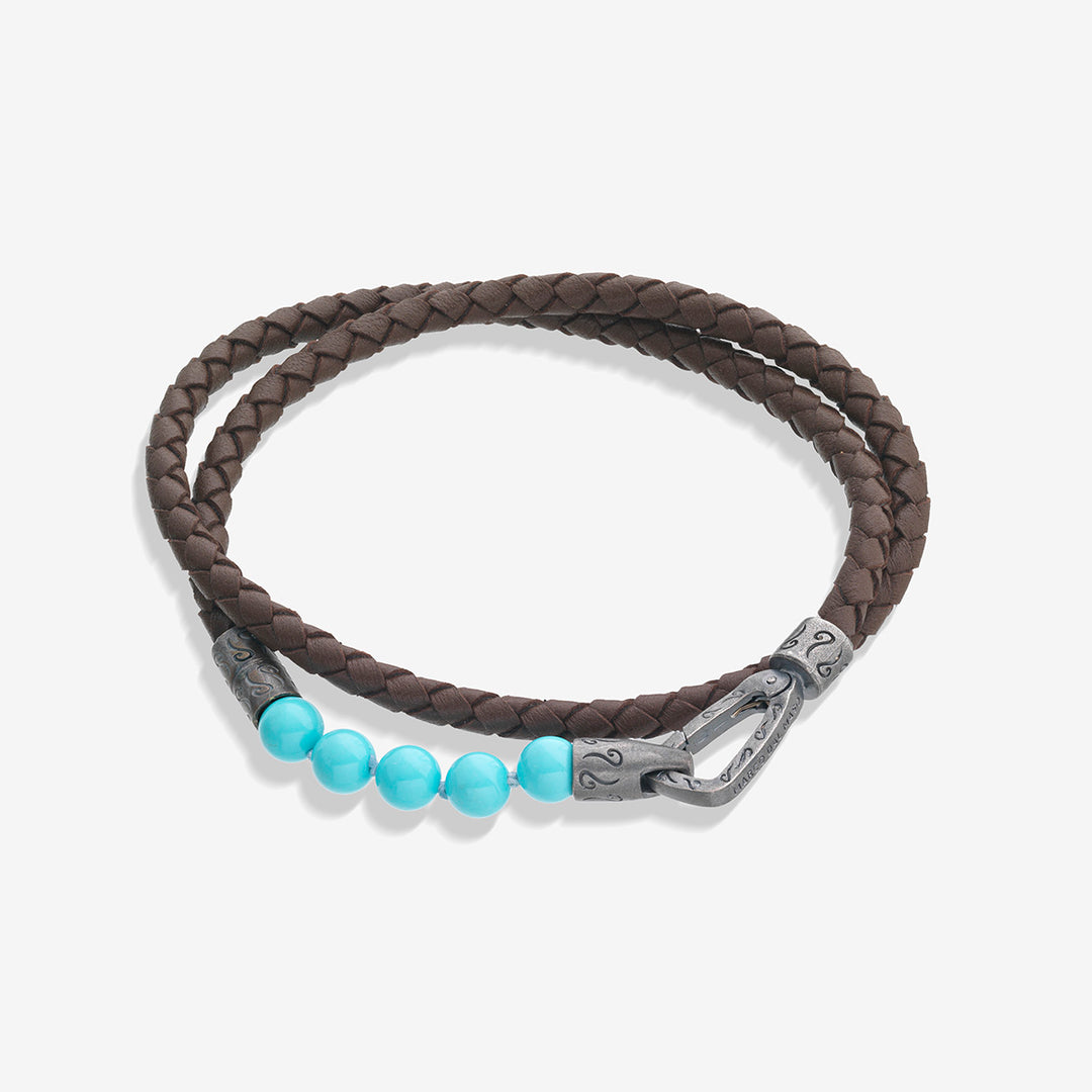 LASH 6 mm Beaded Double Bracelet, Silver, Turquoised, Brown Leather-Straight View 