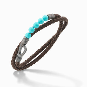 LASH 6 mm Beaded Double Bracelet, Silver, Turquoised, Brown Leather-Standard View