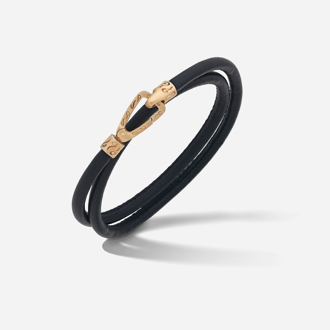 LASH Double Wrap Bracelet, Yellow Gold Vermeil, Black Leather-Standard View