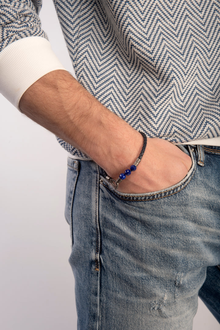 LASH 8 mm Beaded Bracelet, Lapis Lazuli, Blue Leather-Model View