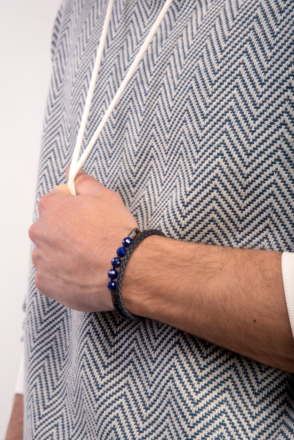 LASH 8 mm Beaded Double Bracelet, Lapis Lazuli, Blue Leather-Model View