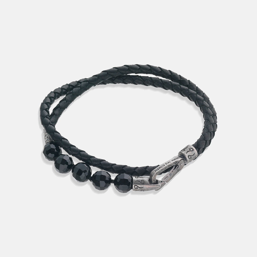 LASH 8 mm Beaded Double Bracelet, Onyx, Black Leather-Straight View