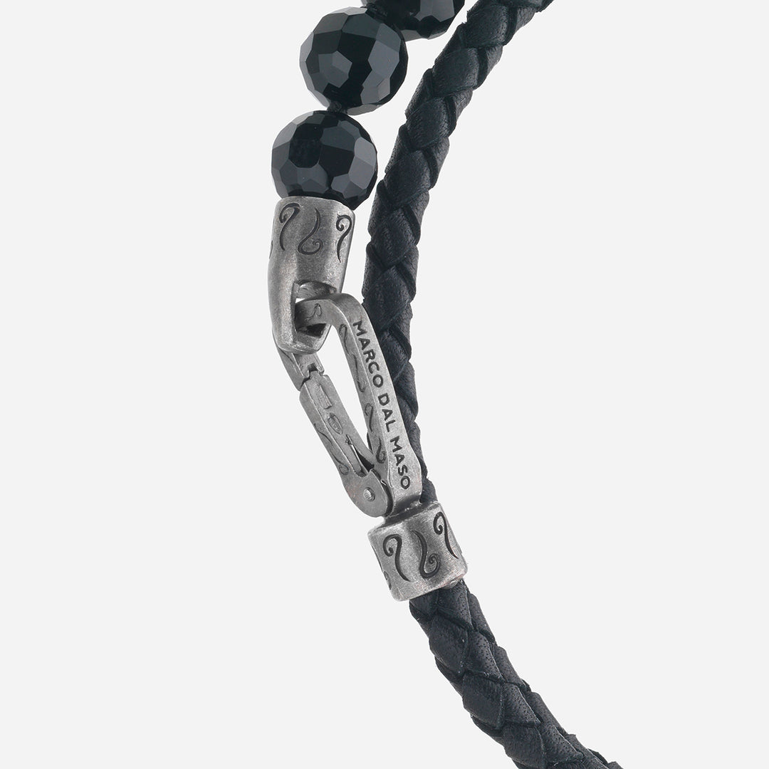 LASH 8 mm Beaded Double Bracelet, Onyx, Black Leather-Close View