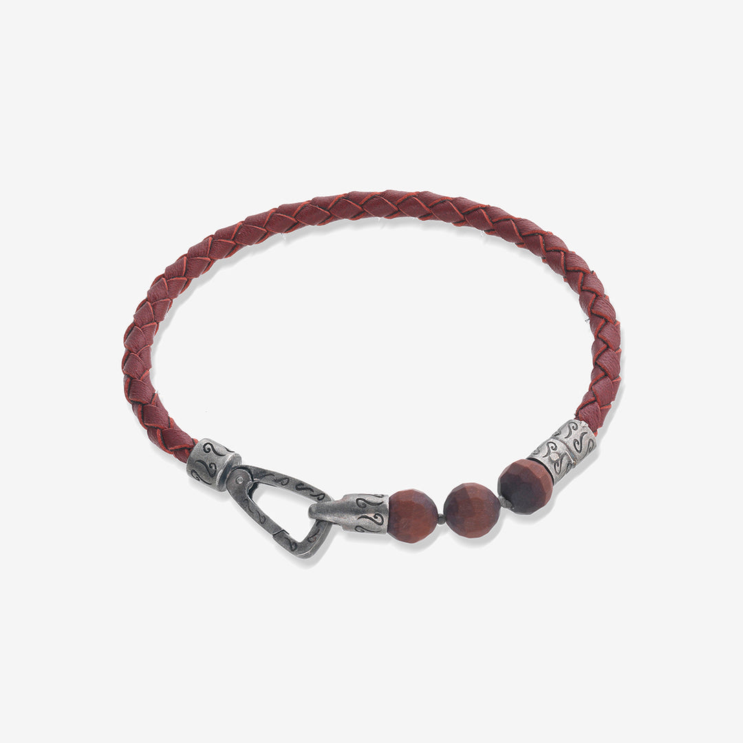 LASH 8 mm Beaded Bracelet, Tiger Eye, Red Leather-Straight View