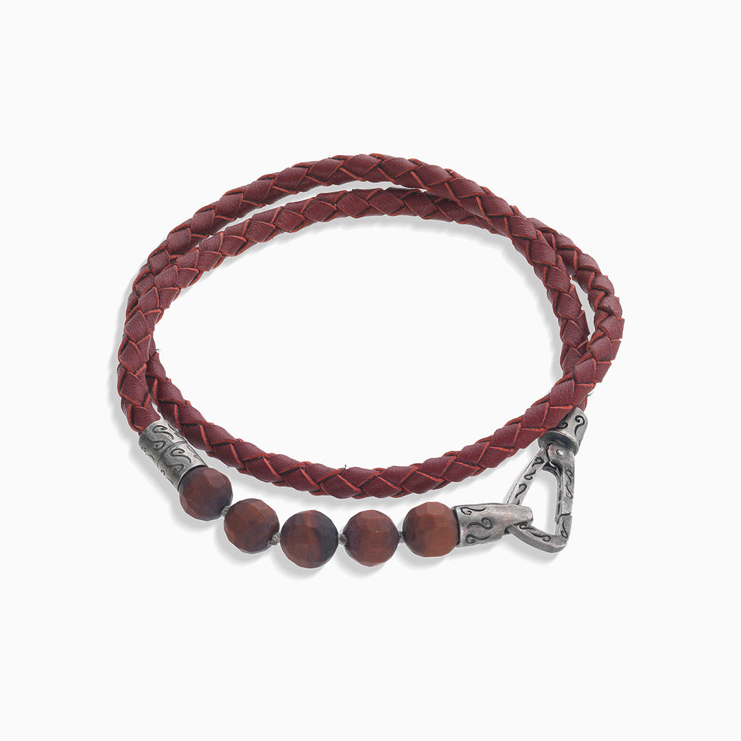 LASH 8 mm Beaded Double Bracelet, Red Tiger Eye, Red Leather -Straight View