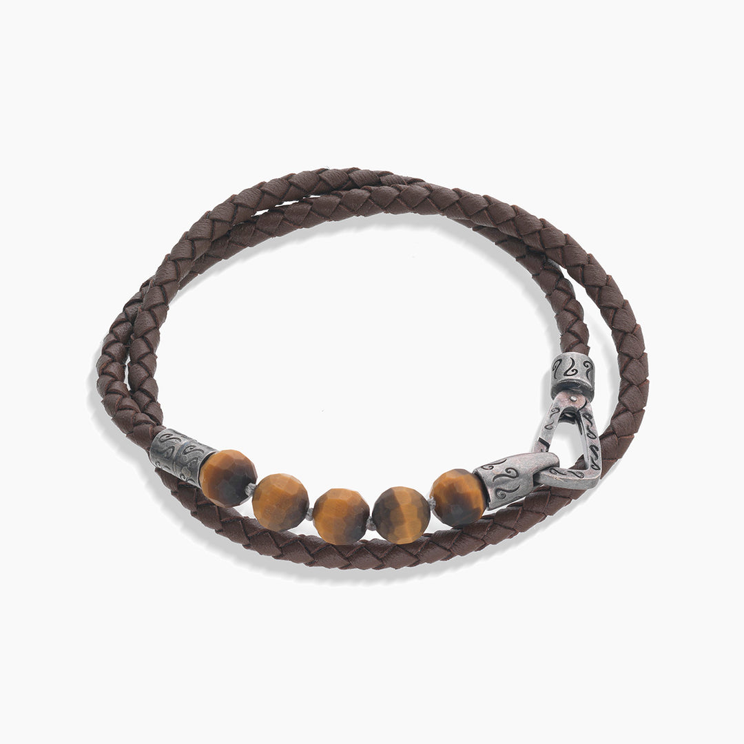 LASH 8 mm Beaded Double Bracelet, Tiger Eye, Brown Leather-Straight View 