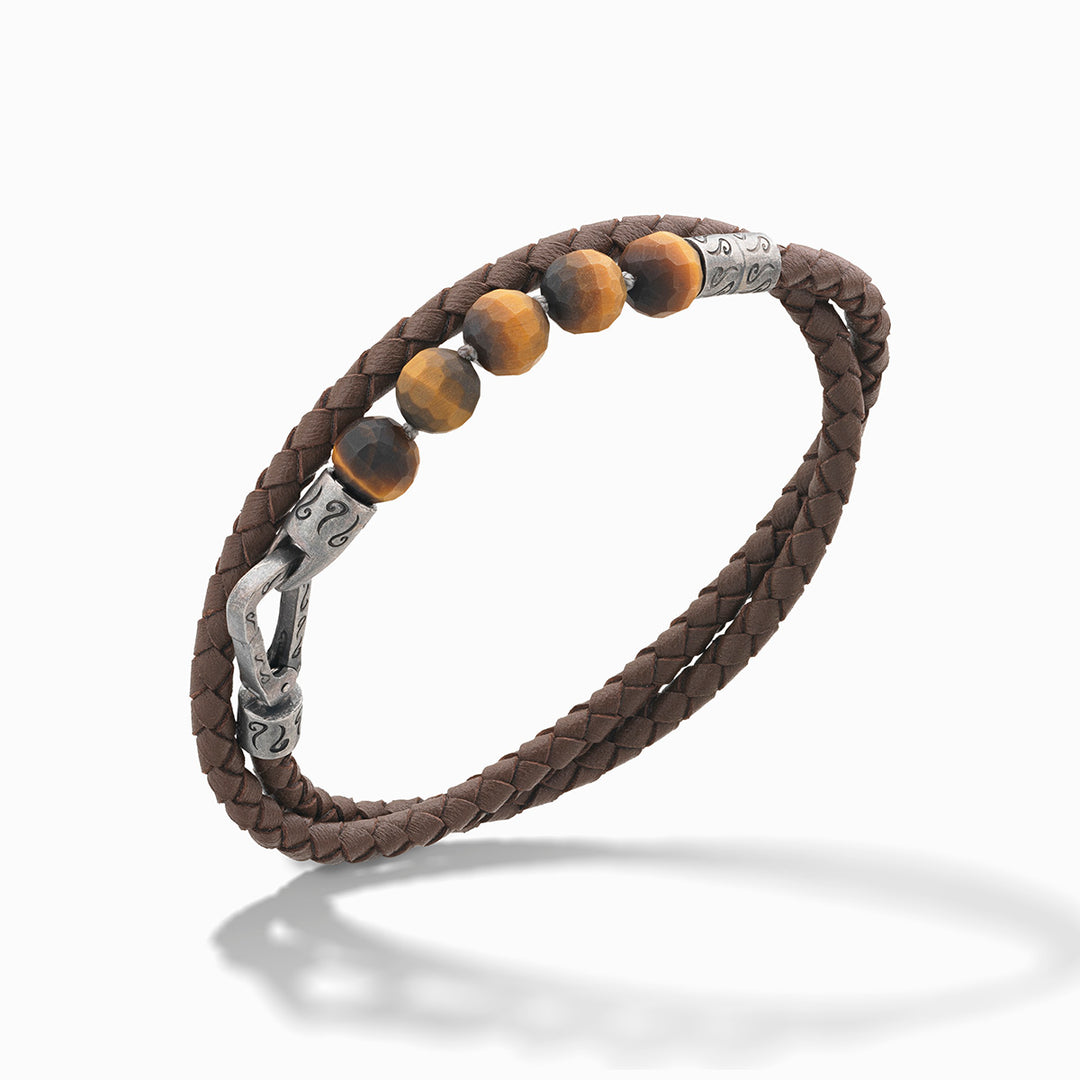 LASH 8 mm Beaded Double Bracelet, Tiger Eye, Brown Leather-Standard View