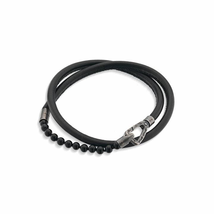 LASH 4 mm Beaded Bracelet, Onyx, Black Leather-Straight View