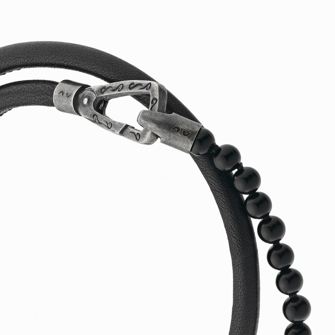 LASH 4 mm Beaded Bracelet, Onyx, Black Leather-Close View