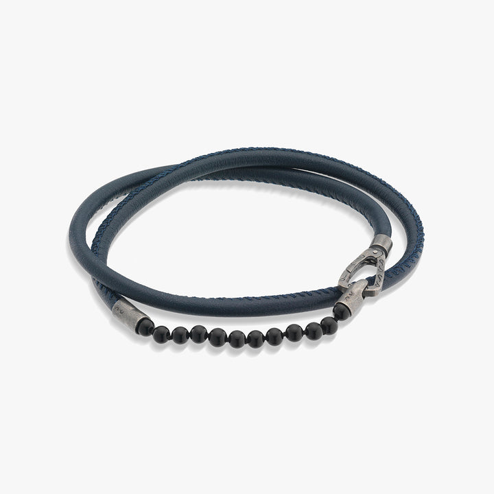 LASH 4 mm Beaded Bracelet, Onyx, Blue Leather-Straight View