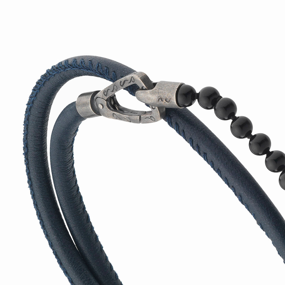 LASH 4 mm Beaded Bracelet, Onyx, Blue Leather-Close View