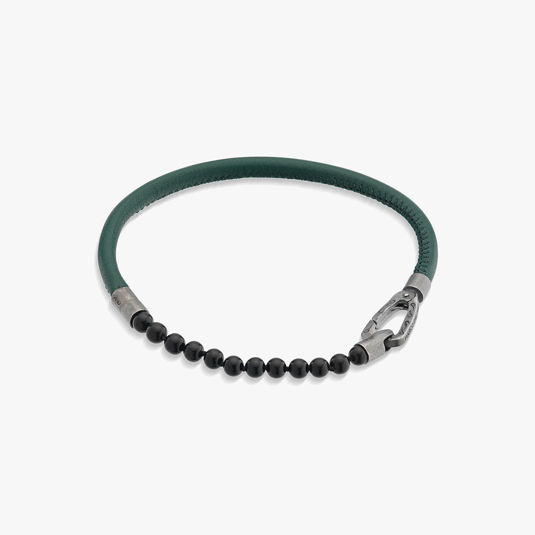 LASH 4 mm Beaded Bracelet, Onyx, Green Leather-Straight View