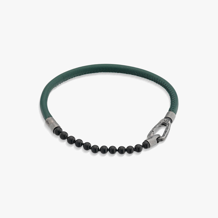 LASH 4 mm Beaded Bracelet, Onyx, Green Leather-Straight View