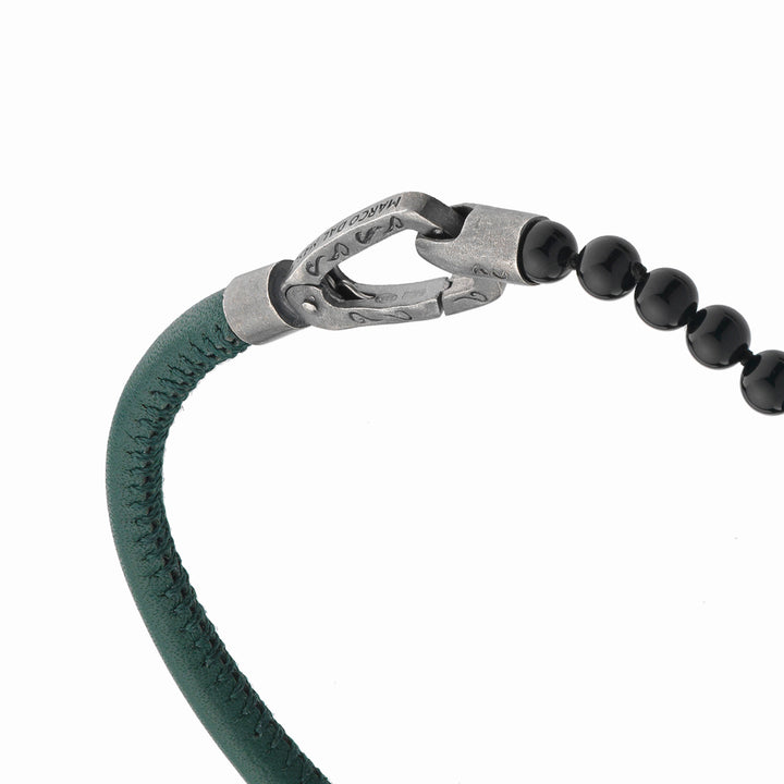 LASH 4 mm Beaded Bracelet, Onyx, Green Leather-Close View