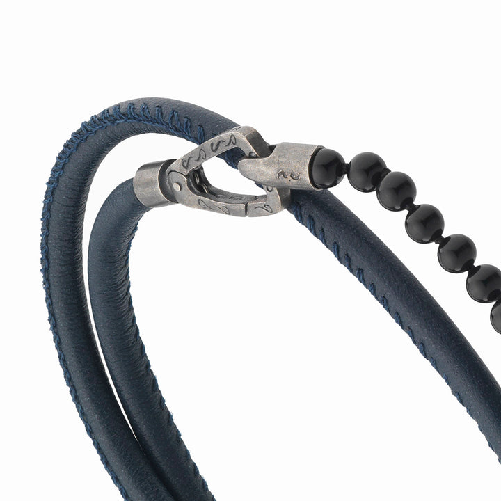 LASH 4 mm Beaded Double Bracelet, Onyx, Blue Leather-Close View