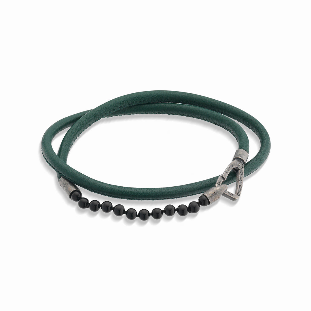 LASH 4 mm Beaded Double Bracelet, Onyx, Green Leather-Straight View