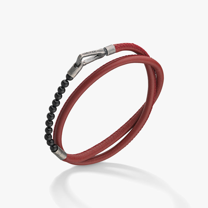 LASH 4 mm Beaded Double Bracelet, Onyx, Red Leather-Standard View