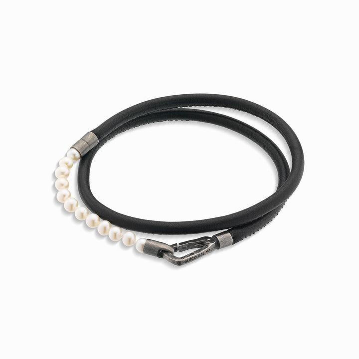 LASH 4 mm Beaded Double Bracelet, Pearls, Black Leather-Straight View