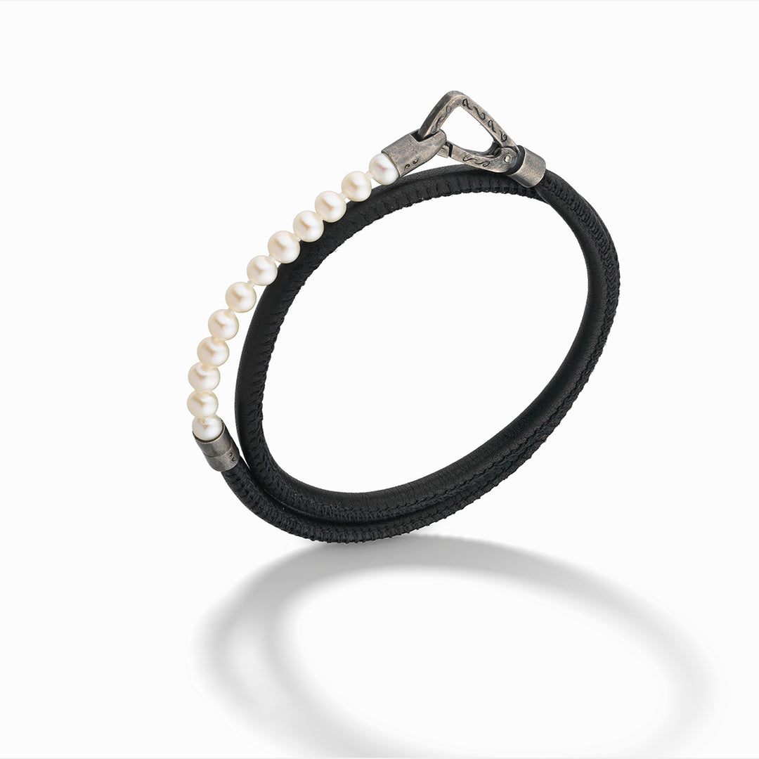 LASH 4 mm Beaded Double Bracelet, Pearls, Black Leather-Standard View