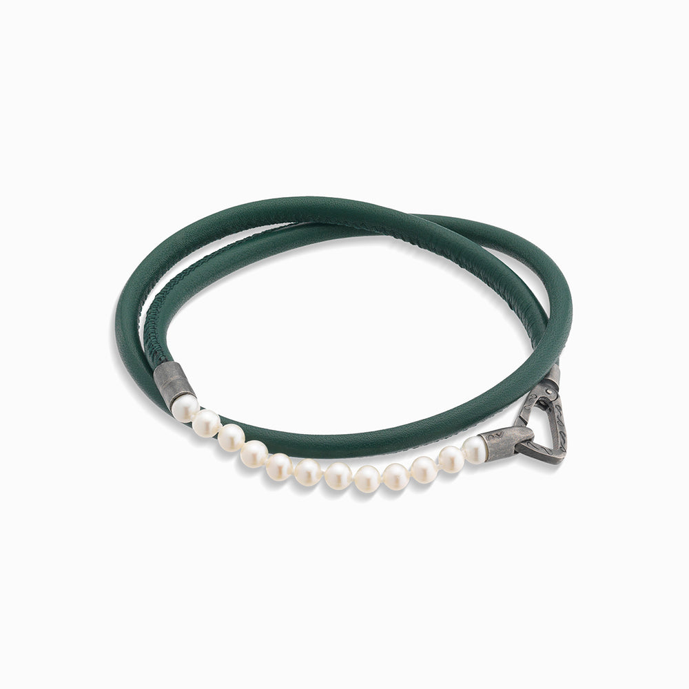 LASH 4 mm Beaded Double Bracelet, Pearls, Green Leather-Straight View