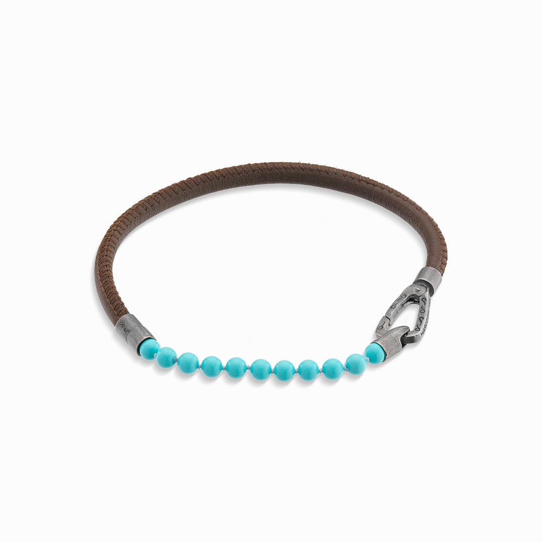 LASH 4 mm Beaded Bracelet, Turquoise, Brown Leather-Straight View