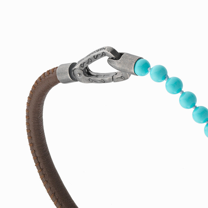 LASH 4 mm Beaded Bracelet, Turquoise, Brown Leather-Close View