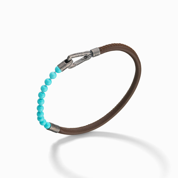 LASH 4 mm Beaded Bracelet, Turquoise, Brown Leather-Standard View